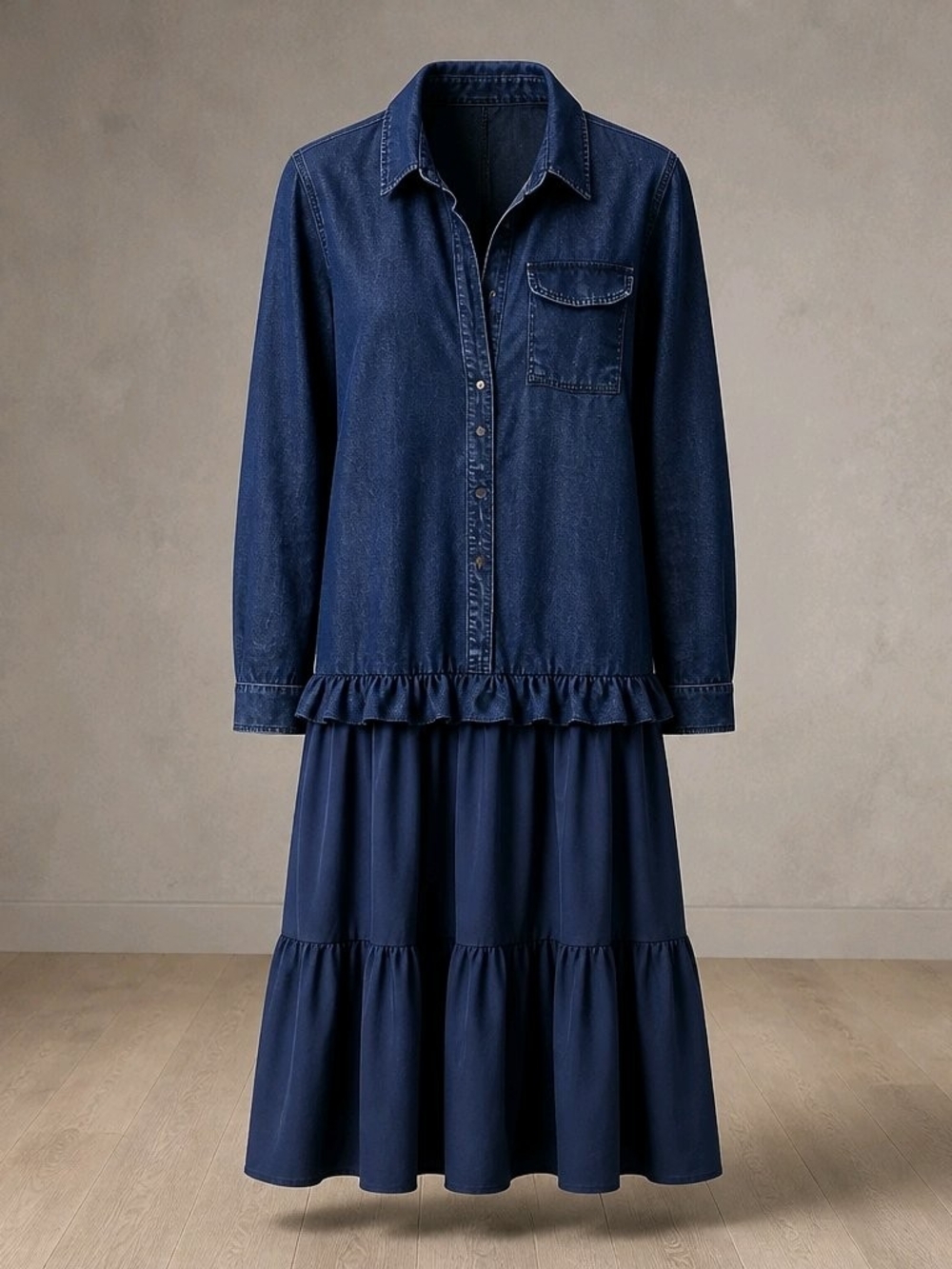Button-Front Navy Midi Dress with Ruffle Waist